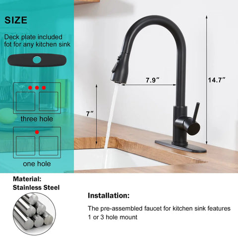 Slick Black Kitchen Faucet With Pull Down Sprayer, Single Handle For RV And Home, shown with water flow on wooden countertop