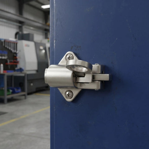 Spring Latch Lock for Cabinets and Windows, Zinc Alloy Self Closing Bolt Latch installed on a blue door in a workshop.