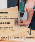 50 Pack 10 Inch Structural Wood Screws Size 14 By 10 Beefy Heavy Duty Exterior Timber Screws With Green Anticorrosion Coating Washer Head Rust Resistant Hex Socket Included For Exterior Projects shown being used in a timber construction project with a drill.