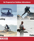 Pac-Kit Medical watertight Explorer 1 first aid kit collage: boating, hiking, biking, fishing scenes