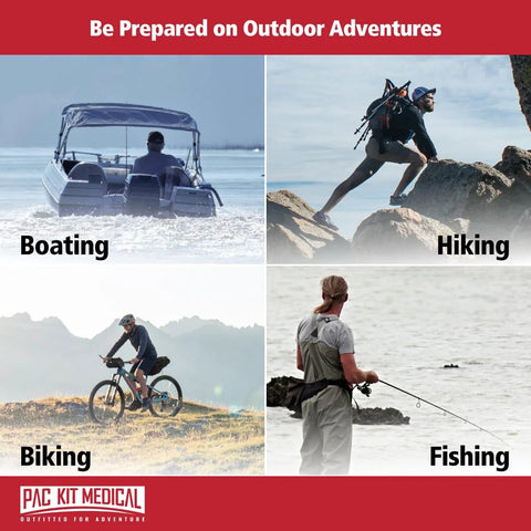 Pac-Kit Medical watertight Explorer 1 first aid kit collage: boating, hiking, biking, fishing scenes