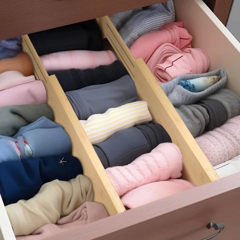 High Grade Bamboo Drawer Dividers 6 Pack, Adjustable Space Savers From 12 To 17 Inches, Wooden Dresser Organizers With Soft Foam Ends, Quick Glow Up For Your Closet Stash, Baby Clothes And Nursery Organization