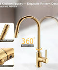 Gold High Arc Kitchen Faucet With Pull Down Sprayer, Single Handle, Dual Function Stream And Spray, modern durable finish