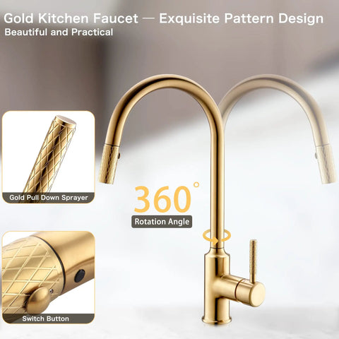 Gold High Arc Kitchen Faucet With Pull Down Sprayer, Single Handle, Dual Function Stream And Spray, modern durable finish