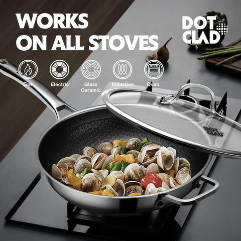 Hybrid 12 Inch Wok Pan With Lid For Easy Stir Fry PFOA Free Nonstick Stainless Steel Induction Ready, seafood stir fry