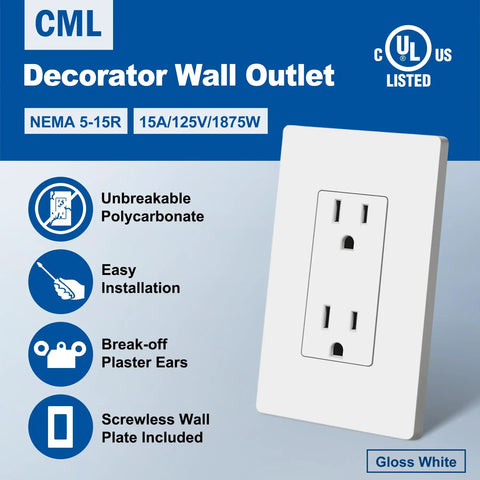 15 Amp Decorator Receptacle Outlet 20 Pack With Screwless Wall Plate Non Tamper Resistant 125V UL Listed Standard Electrical