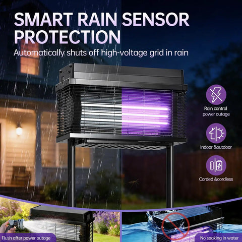 Rechargeable Solar Bug Zapper For Outdoors Purple UV Mosquito Killer Lamp With Rain Off Sensor in outdoor setting