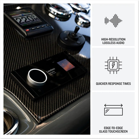 Apollo MS-RA800 Marine Stereo with touchscreen on boat helm with WiFi and edge-to-edge glass faceplate for crisp marine tunes