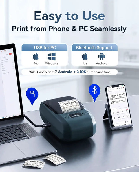 M2 300 Dpi Thermal Transfer Label Maker For Waterproof Barcodes And QR Codes Built Different With Crisp Graphics And Solid Build Quality A Real Game Changer For Small Businesses connected to laptop and phone.