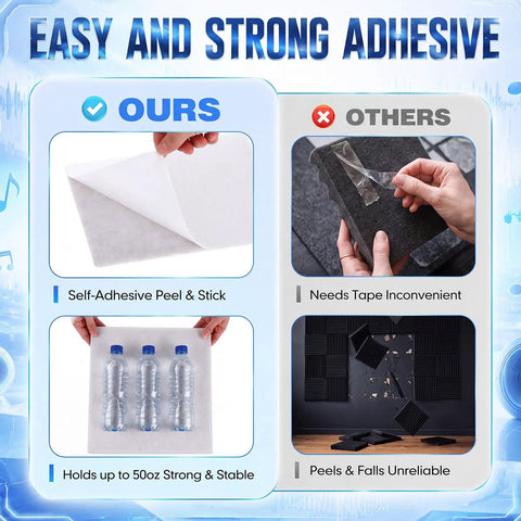 Comparison of self-adhesive acoustic foam panel features, showcasing advantages of White Slatted Acoustic Foam Panels 24 Pack 12x12x0.4 Inch.