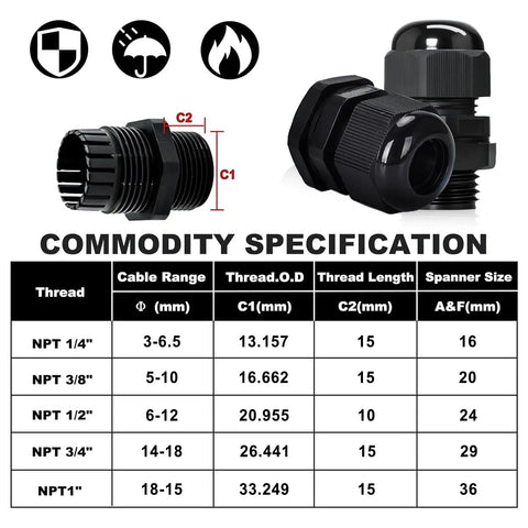 12 Pack Black Adjustable Cable Glands One Half Inch NPT IP68 Waterproof Electrical Connectors with specifications chart