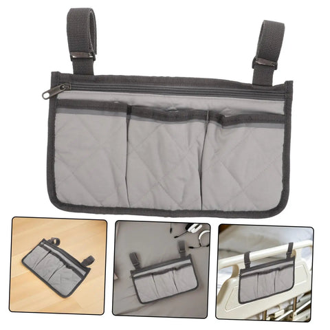 Bed Rail Organizer With Four Pockets And Cup Holder, grey fabric, dark grey edging, strap-on design for hospital rails.