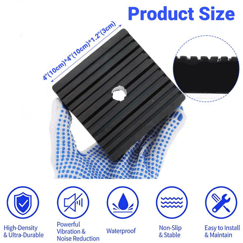 Six Pack Shock Pads For Air Conditioners Washing Machines Dryers Treadmills And Equipment Durable Solid Rubber Vibration Isolation Pads 4 X 4 X 1.17 Inches Heavy Duty Quiet Operation, grooved design with center hole, displayed with dimensions and benefits.
