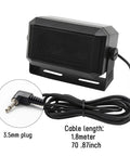 Rectangular External Communications Speaker For Ham Radio CBs And Scanners, 5 Watt, Black, Compact 4.5 By 2.5 By 2.25 Inch Speaker With 3.5mm Plug, Mounting Bracket Included, Clear Loud Sound For Two Way Radios shown with cable