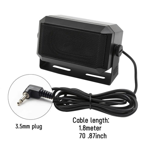 Rectangular External Communications Speaker For Ham Radio CBs And Scanners, 5 Watt, Black, Compact 4.5 By 2.5 By 2.25 Inch Speaker With 3.5mm Plug, Mounting Bracket Included, Clear Loud Sound For Two Way Radios shown with cable