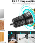 Power Up 21V Cordless Drill Kit With Two Batteries And Charger showing 25+3 torque settings and 3 in 1 function for various tasks