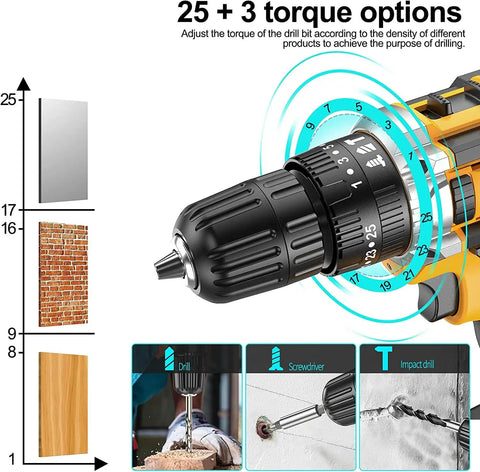 Power Up 21V Cordless Drill Kit With Two Batteries And Charger showing 25+3 torque settings and 3 in 1 function for various tasks