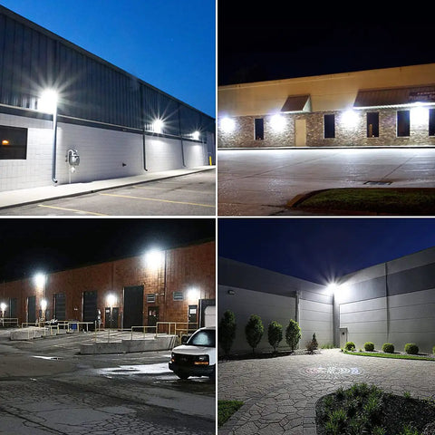 Evening illumination by Beefed Up 150W Outdoor LED Wall Pack Light Delivers 20,000 Lumens Replacing 1000W HID 5000K Daylight Security Lighting For Parking Lots Warehouses And Yards Energy Saving Industrial Grade on buildings.