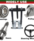 Beefy Bearing Puller Set 14-Piece With 5 Ton Capacity And 2-Inch And 3-Inch Jaws shown with compatible bearings, pulleys, gears, steering wheels