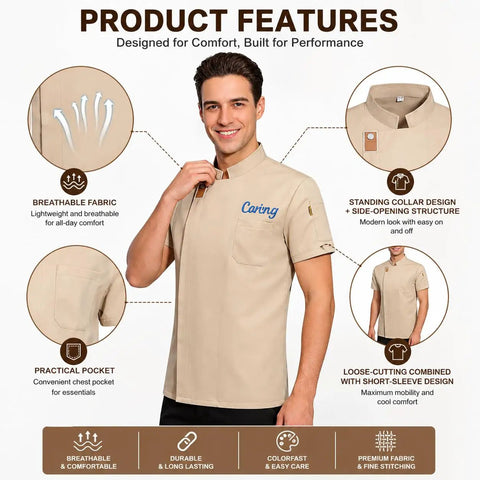 Premium Heavy Duty Cotton Blend Custom Embroidered Short Sleeve Chef Jacket For Cooks with breathable fabric and practical pocket.