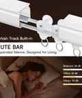 Ceiling Curtain Track With Roller Hooks And Clips White 9ft To 12ft Premium Aluminum Rail installed with roller hooks in bedroom