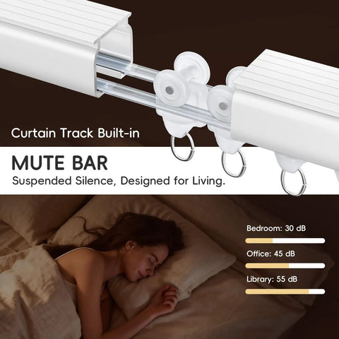 Ceiling Curtain Track With Roller Hooks And Clips White 9ft To 12ft Premium Aluminum Rail installed with roller hooks in bedroom