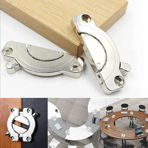 Say Bye To The Wiggle Heavy Duty Zinc Alloy Table Top Connectors with secure latch shown on wood and office tables.