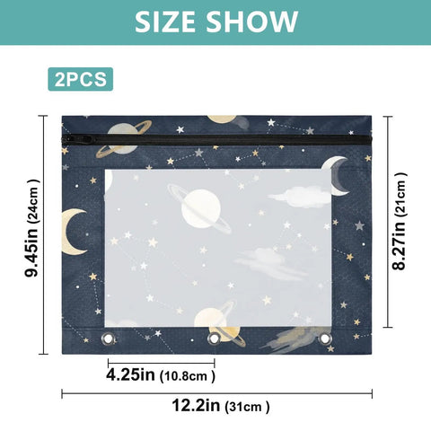 Constellation Navy Coupon Organizer With Zipper for School Supplies, size dimensions shown, binder holes visible