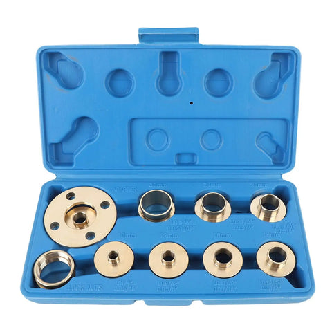 Heavy Duty Brass Router Guide Kit With 11 Piece Template Set For Woodworkers Expecting Top Shelf Precision And Cool Running Performance On Any Workshop Project Today, showing brass bushings in blue case.