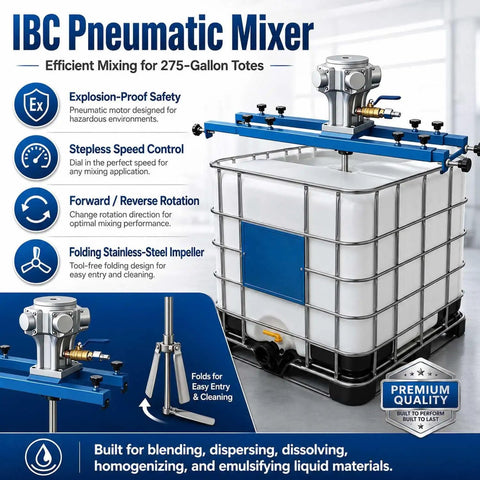 Industrial Pneumatic Paint Mixer For IBC Totes, 304 Stainless Steel Agitator, Pro Grade Heavy Duty Stirrer For 275-gallon tote