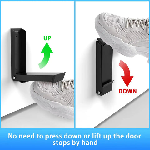 Heavy Duty Kick Down Door Stopper With Zero Drill Mount locking mechanism shown with foot operation on a door.