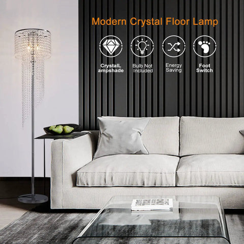 Modern Chrome Floor Lamp With Crystal Lattice Shade 3 Light Tall Lamp At 59 Inches E12 Socket 110 To 120V UL Rated Plug On Off Switch Easy Assembly Glam Crystal Accents And Sleek Decor Ready For Living Room