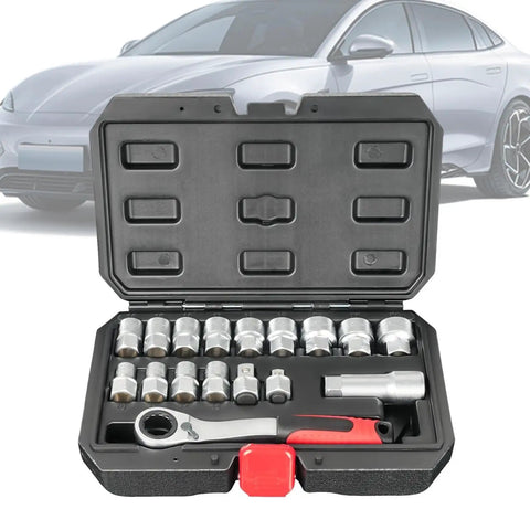 Open case of Beefed Up Heavy Duty Socket And Ratchet Set For Car Repair And Home Garage Projects With Hollow Through Design