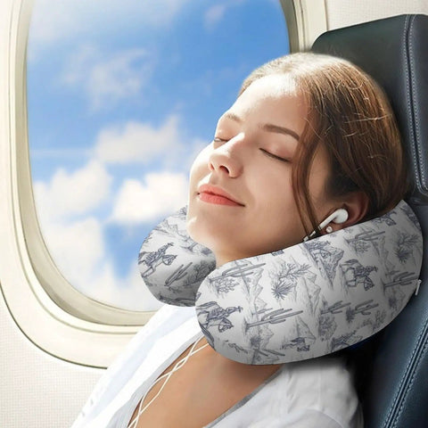 Woman relaxing on plane with Women's Memory Foam U Shaped Neck Pillow For Travel And Daily Use On The Go in Cactus White