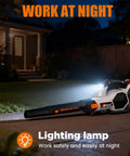 Cordless Leaf Blower 765 CFM With 2x7.8Ah Batteries And Rapid Charger, 3 Speed Plus Turbo Mode, LED Light, illuminated at night.