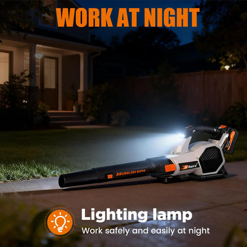 Cordless Leaf Blower 765 CFM With 2x7.8Ah Batteries And Rapid Charger, 3 Speed Plus Turbo Mode, LED Light, illuminated at night.