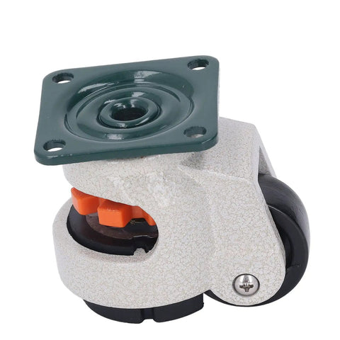 Heavy Duty Leveling Casters With No Sweat Ratcheting Height Adjustment And Ball Bearing Smooth Roll Wheels, detailed view from the side.
