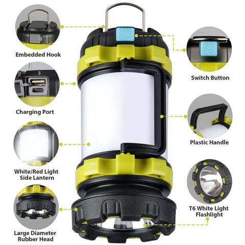Close-up of Two Pack LED Camping Lanterns That Are Lit With 1000LM, 6 Modes, Rechargeable USB C Ready, highlighting features.