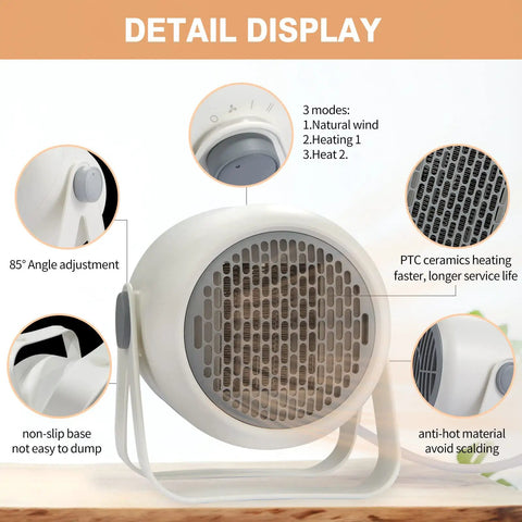 Detail view of Compact Ceramic Heater With Fast 1000W Heating And Fan Modes, showcasing features like angle adjustment and PTC ceramics.
