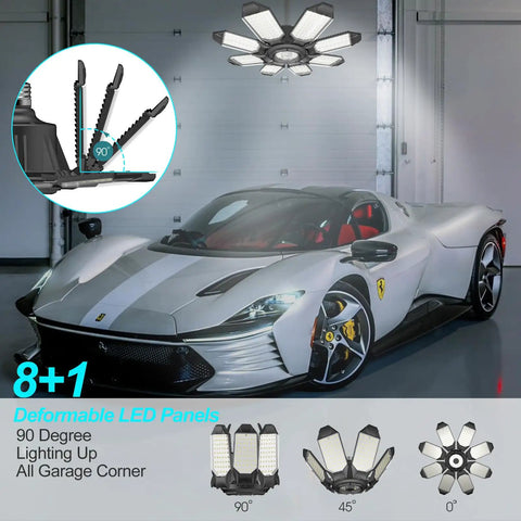 LED Garage Ceiling Light Beastly Bright 32K Lumens Daylight 6500K, 8 Plus 1 Deformable Panels, E26/E27 Socket, Ceiling View