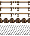 Vintage Zinc Alloy Cabinet Hardware Kit With Six Round Floral Knobs And Six Fluted Bar Pulls, includes screws.