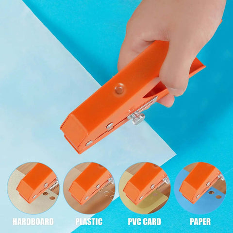 Hand using Beefy Five Sixteenth Inch Heavy Duty Single Hole Puncher on paper, showcasing punching capability for various materials.