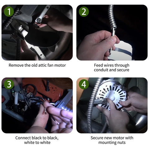Steps for installing Attic Fan Motor Replacement Kit For 2000 Series Attic Vent Fans, Includes Replacement Motor, White Power Unit, Support Brackets, Nylon Lock Nuts, Easy DIY Install