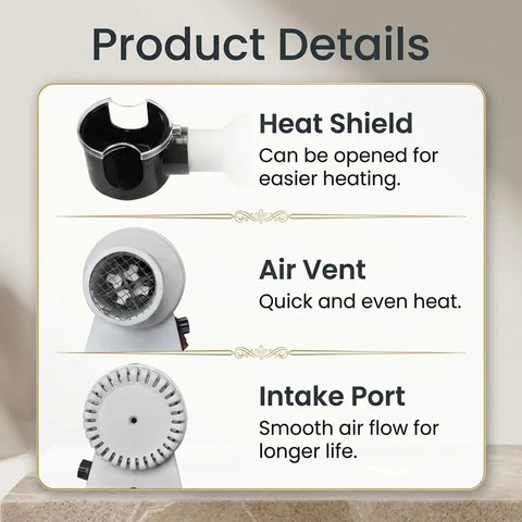 Top Shelf Optical Glasses Frame Warmer, 580W Quick Heat Lens Heater showing heat shield, air vent, and intake port features.