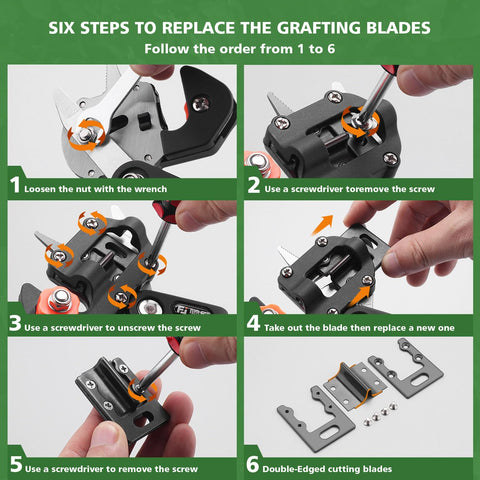 Instructions to replace blades in All In One Garden Grafting Tool Kit For Fruit Trees Pruning Scissors Set With Grafting Knife Replacement Blades Tapes Plant Tags And Clips Omega Graft Seedling Grafting System with visuals of screwdrivers and parts.