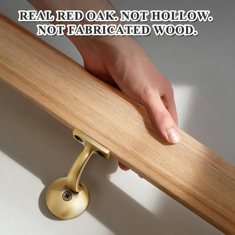 Premium Grade Six Foot Red Oak Handrail Kit with Rock Solid Brass 90 Degree Arms, close-up of hand holding oak rail.