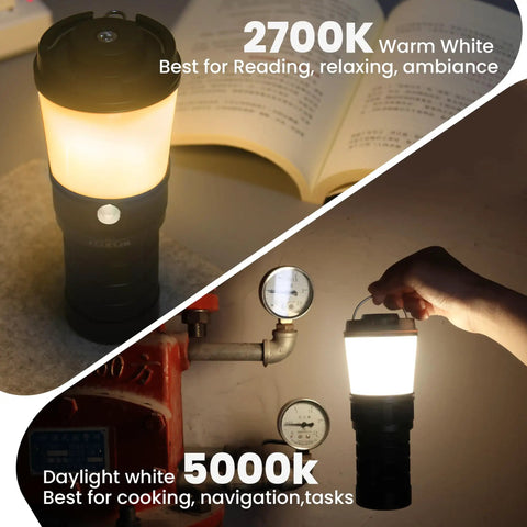 Rechargeable Camping Lantern LT1 With 8 LH351D LEDs showing 2700K warm white and 5000K daylight white lighting modes.