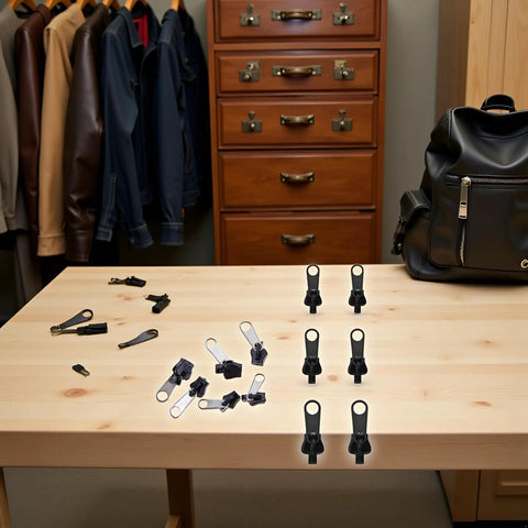 GoTo 12-Piece Black Zipper Puller Repair Kit With Detachable Sliders on wooden table with backpack and jacket closet in background