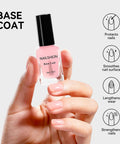 Hand holding Clear Top Coat And Sheer Pink Base Coat Ridge Filler Nail Polish Set with benefits listed as graphics.