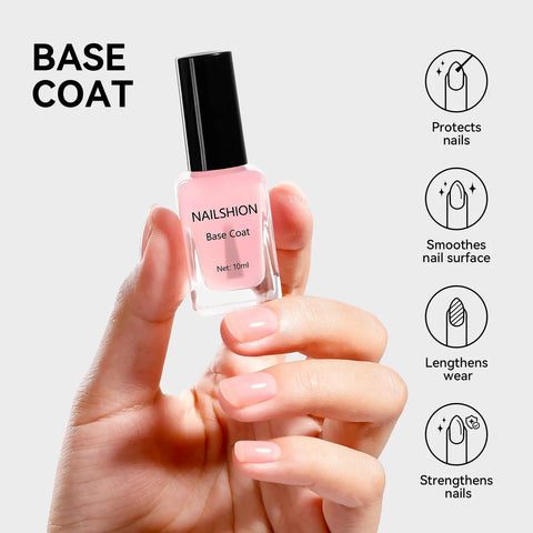 Hand holding Clear Top Coat And Sheer Pink Base Coat Ridge Filler Nail Polish Set with benefits listed as graphics.